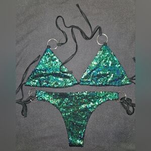 Bikini Sexy Sequin Blue-green Swimsuit Halter Bathing Suit.  Size Medium
